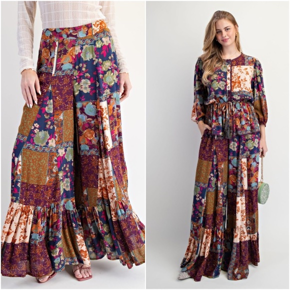 Easel Floral Print Patchwork Stretchy Waist Ruffle Hem Wide leg Pants - Picture 3 of 3